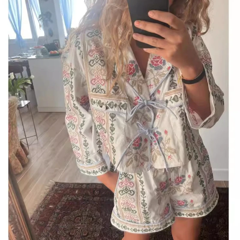 

Matching Sets Women Print Matching Sets Blouses Short Sets Two Pieces Long Sleeve Shirt Shorts Loose Casual 2025 Pockets Y2k