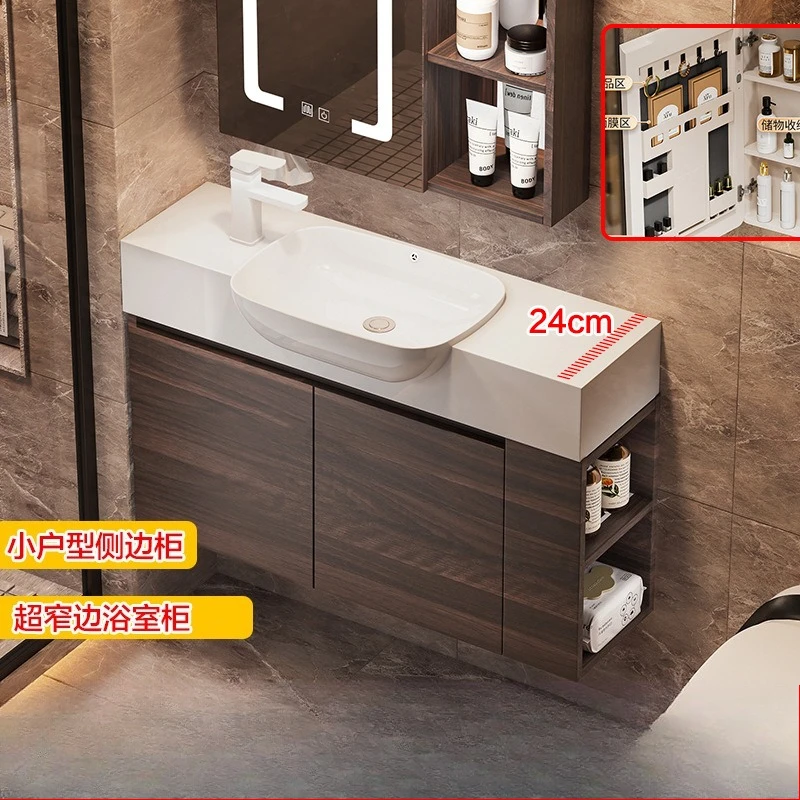 

Узкий боковой шкаф для ванной комнаты из цельного дерева, шкаф для умывальника для небольшой квартиры, комбинированный шкаф для умывальника, встроенный керамический умывальник