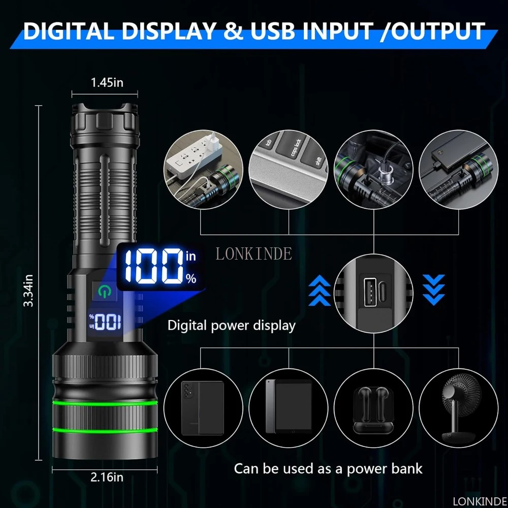 Super Long Range 1500m Tactical Torch High Power 80W LED Flashlight USB Rechargeable Strong Light Lamp Outdoor Portable Lantern