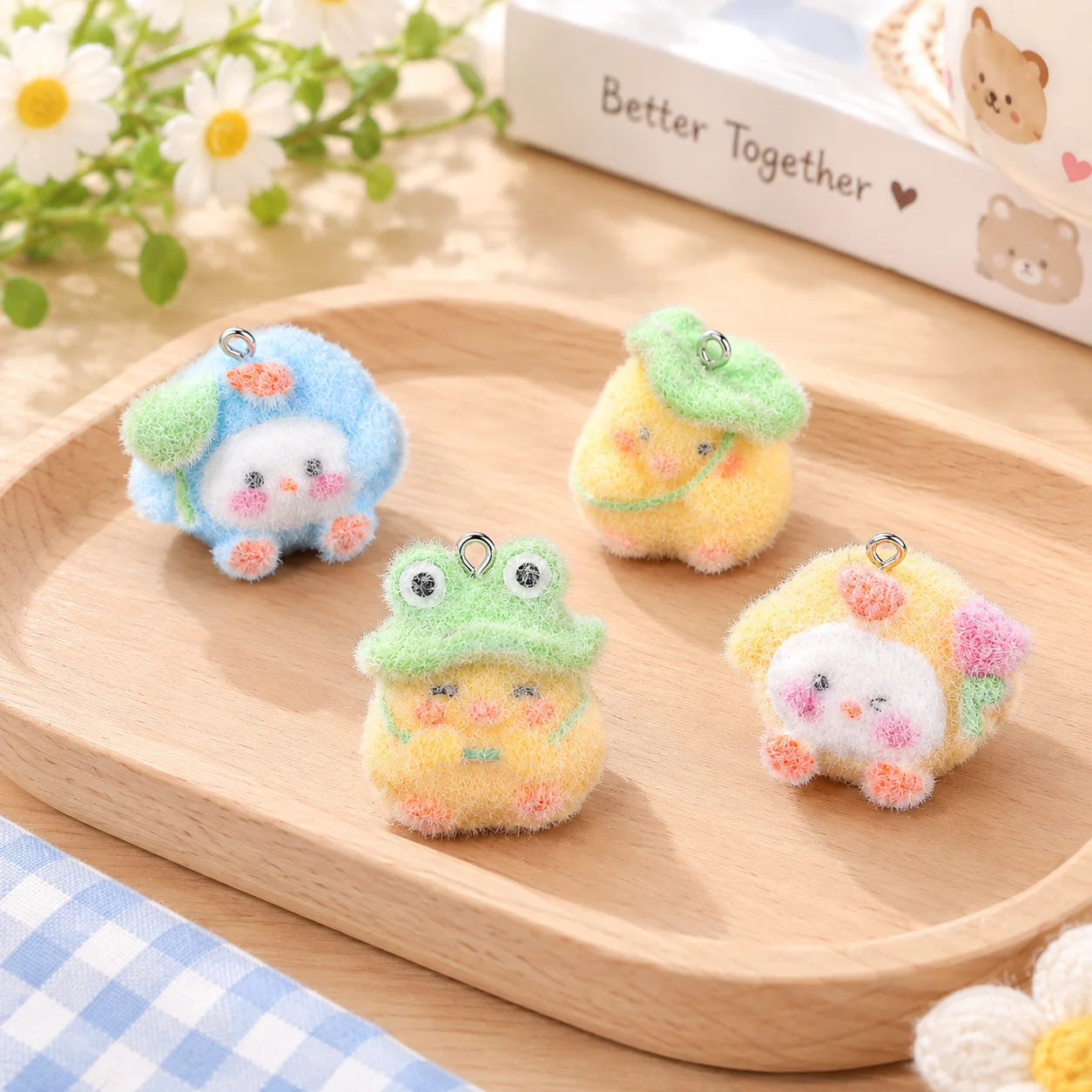 3pcs Flocked Small Animal Cat Little Rabbit Pendant Resin DIY Handmade Pendant Keychain Accessory
