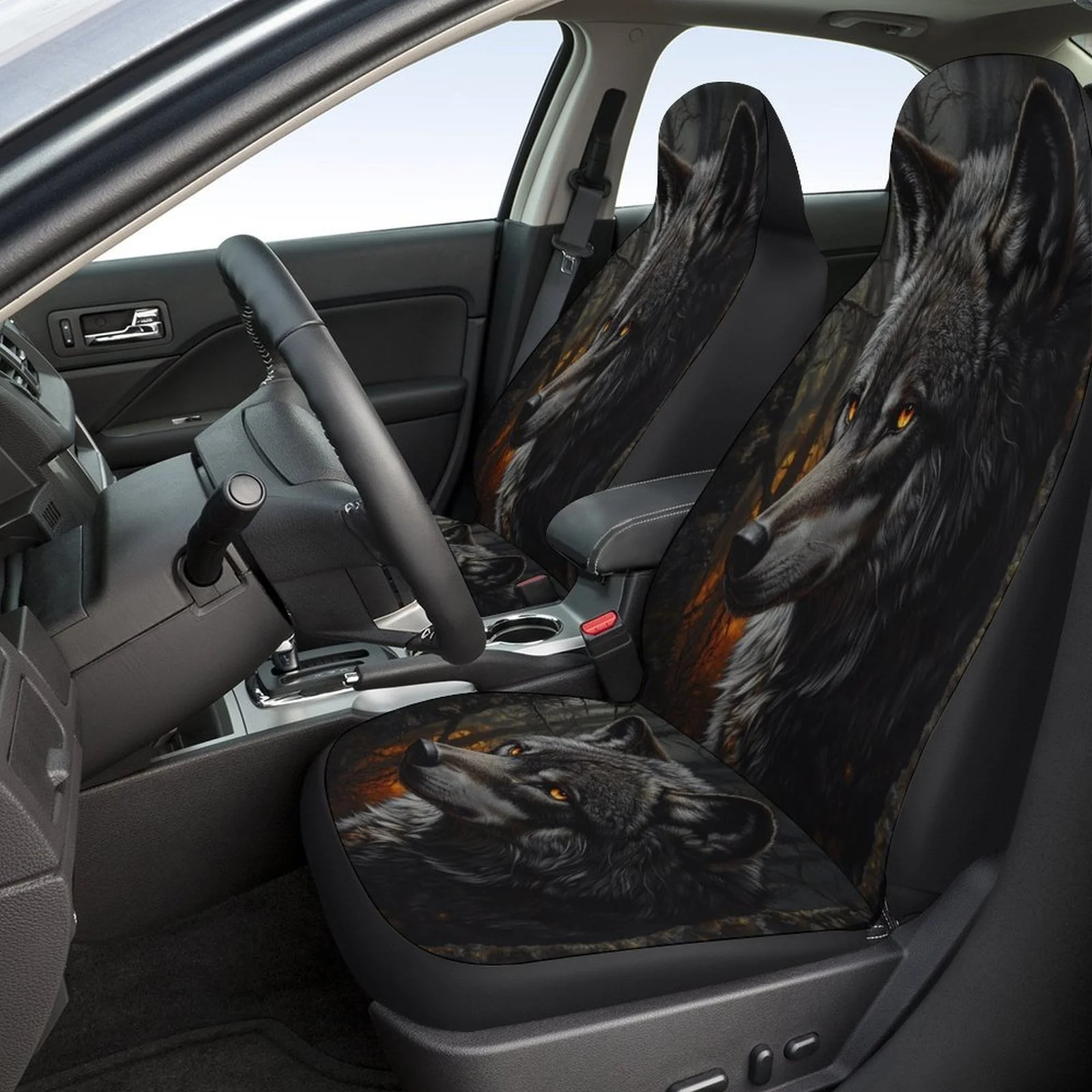 Wolf In The Forest Designed Car Seat Cover Set For Most Cars, Fashion Novelty Car Seat Protector Covers Full Set, Universal Car