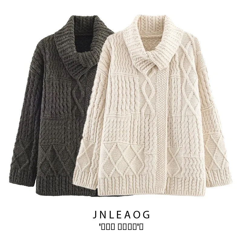 

JNLEAOG Autumn New Sle Women's Faion Retro Twisted Knit Sweater Collar Open Cardigan Lazy Coat Polyester Fiber Long Sve