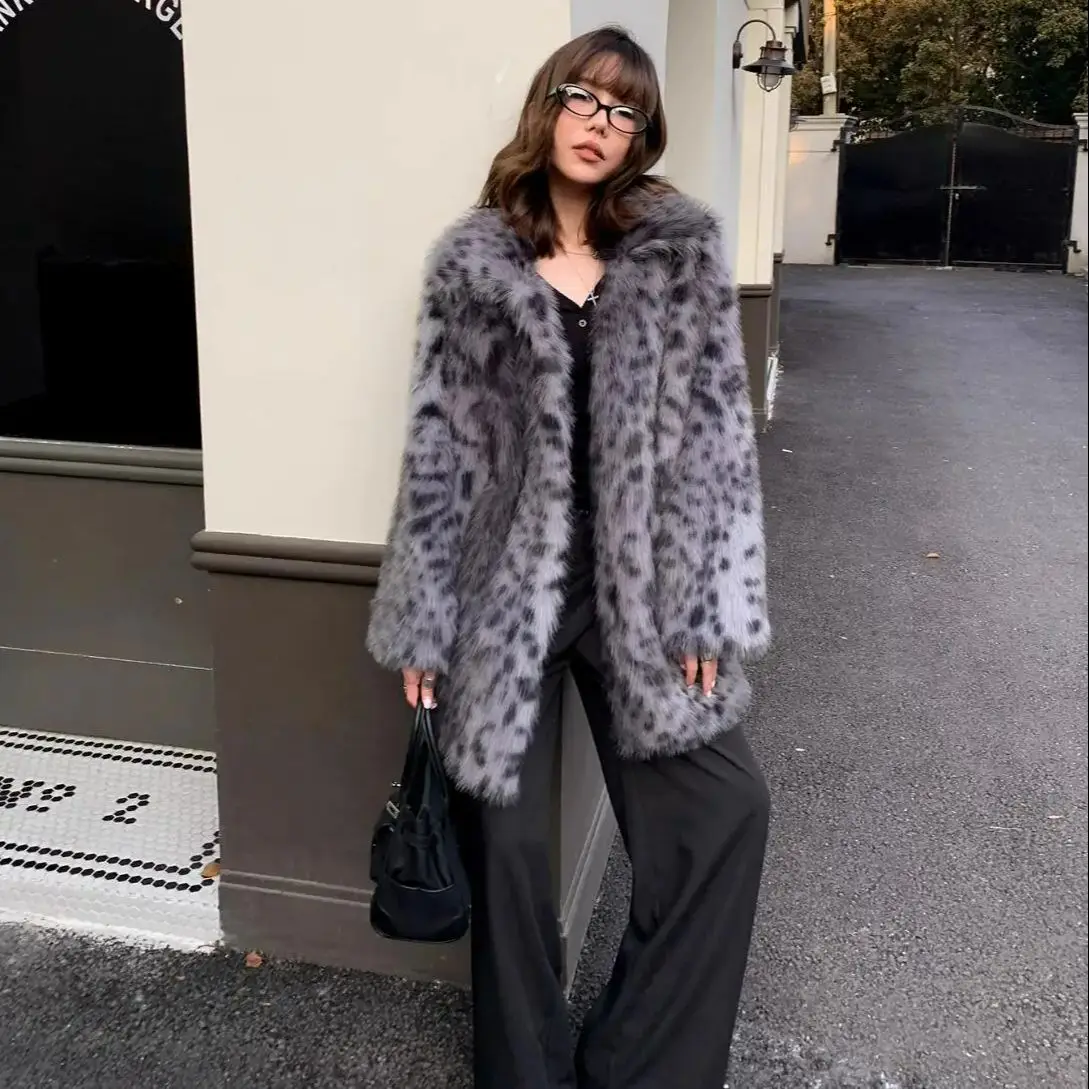 

New Winter Gray Leopard Faux Fur Coat Women Lapel Collar Long sleeve Shaggy Midi Warm Jacket Soft Furry Loose Outerwear coffee