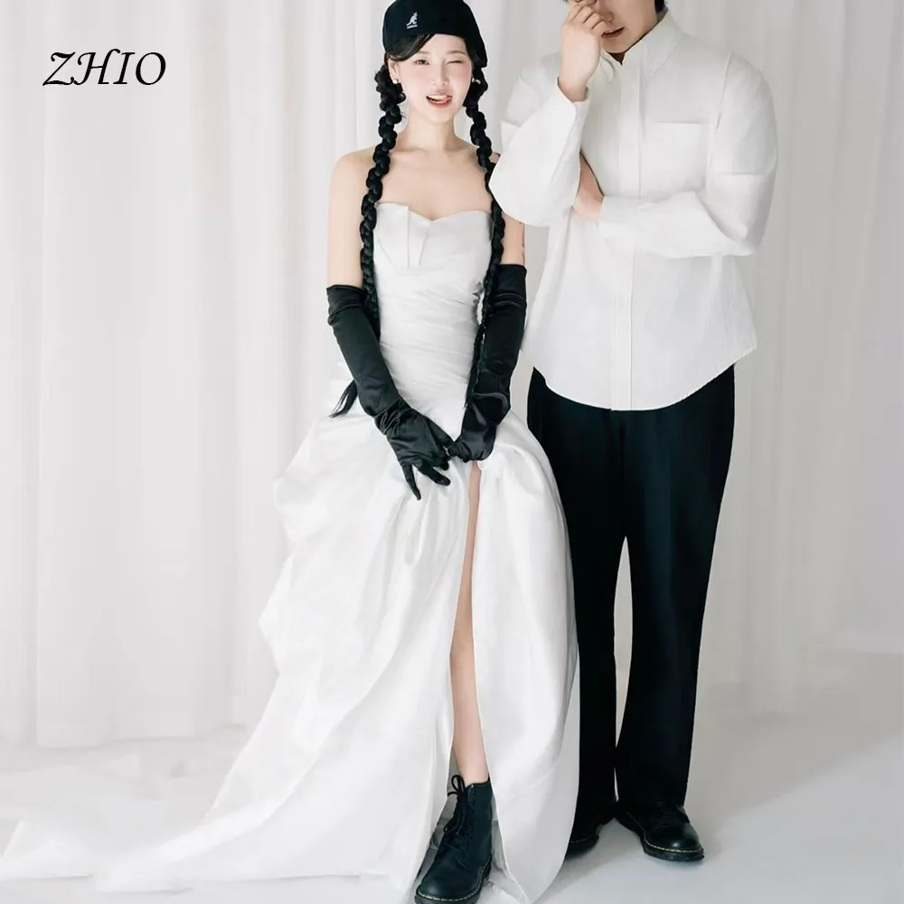 ZHIO Modern White PleatWedding Dress Sweetheart A-Line Slit Sweep Train Satin Korea Photo Shoot Bridal Reception Gown Custom