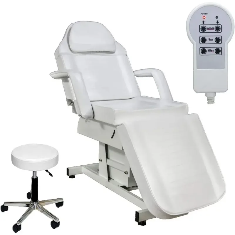 White Electric Massage Bed with Adjustable Backrest and Leg Rest, Removable Arms, Technician Stool Included