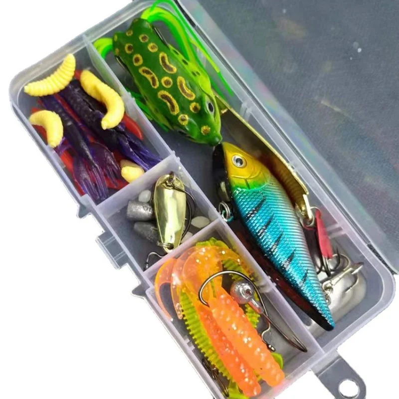 wondersee 40pcs Fishing Lure Kit Frog VIB Spoon Jig Head T-Tail Soft Shrimp Worms Bead Storage Box Wholesale Stock Clearance