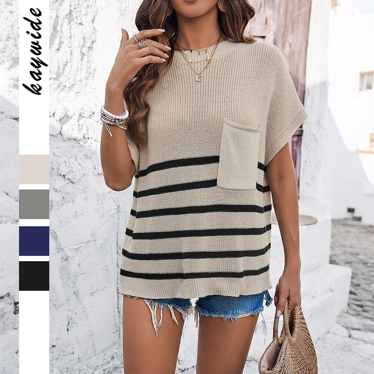 

Women's Short Sleeve T-Shirt Woolen Woven Ladies Clothing European Style Striped Pattern Casual Comfortable Fit for Winter