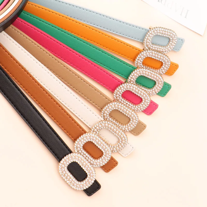 Fashionable Light Luxury High-end Pearl Buckle Belts for Woman 1.8x103cm Solid Color PU Versatile Belts Woman Skirt/Jeans Belts
