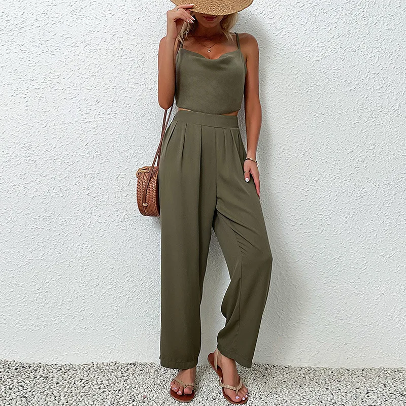 

Sexy Chic Women 2 Piece Set Summer Camisole Tank Top High Waist Long Pants Suit Fashion Party Club Ladies Tracksuits Solid Color