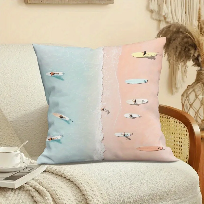 1pc 2D Flat Pillow Not Included Surfboard Beach Ocean Aerial View Cushion Cover Short Plush Summer Coastal Decor Gift Case