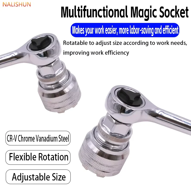 Adjustable Magic Universal Socket Head 10-19mm, Multi-Functional Hand Drill Ratchet Wrench, General Auto Repair Disassembly Tool