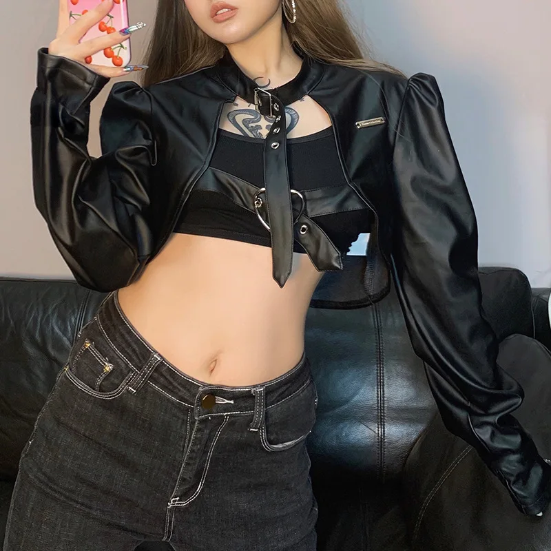 

Cool Dark Style Irregular Leather Jacket Women's Spring 2025 Trendy Bag Buckle Outerwear Spicy Girl Short Length Thickened