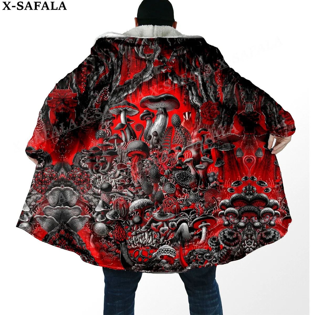 Gothic Mushrooms Psychedelic Trippy Print Thick Warm Hooded Cloak Men Overcoat Coat Windproof Fleece Cape Robe Hooded Blanket-3