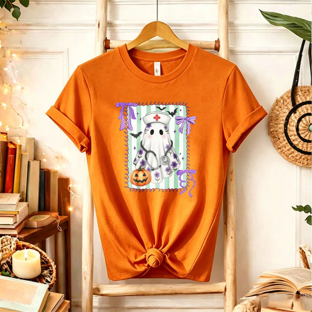 Cute Nurse Ghost Halloween Graphic T‑Shirt Ghost Nurse Stethoscope Pumpkin Bat Floral Bow Medical Worker Holiday Casual Tops Tee
