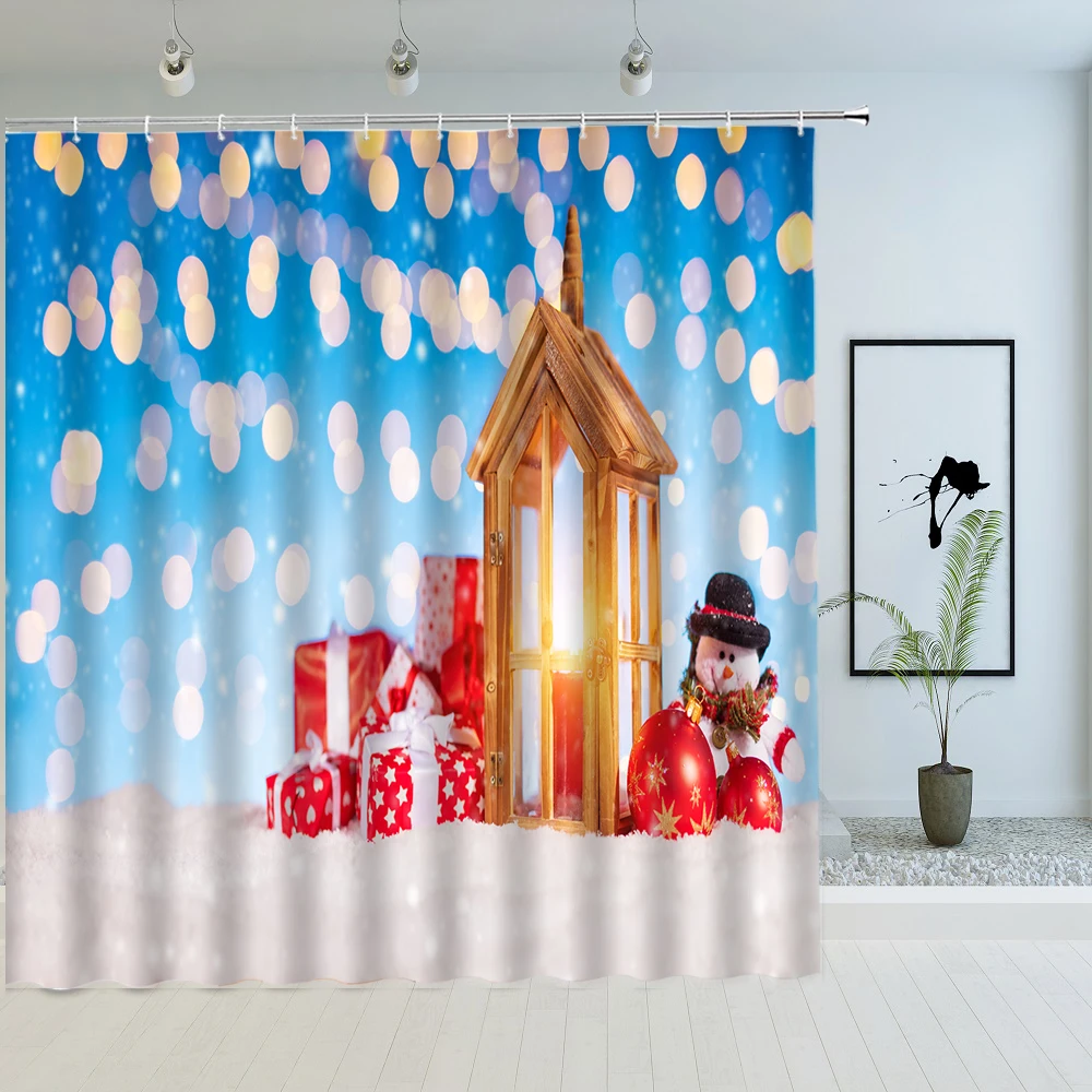 Xmas lights Ornament Shower Curtains Winter Fir Trees Snowflakes Gift Boxes Pattern Bathroom Decor Waterproof Fabric Bath Screen