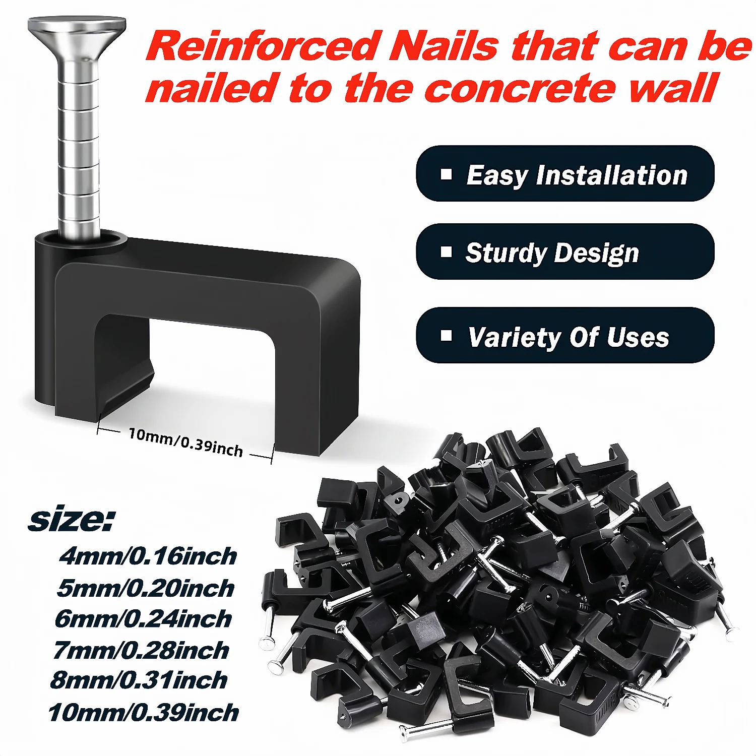 Cable Wire Clips with Steel Nails, 100pcs 4-10mm Black Flat Square for Ethernet Cables Wall Clips, Internet Cords Cable Clamps