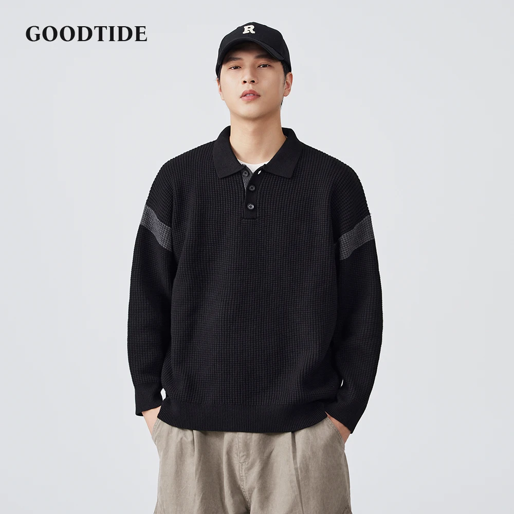 Fashion Men's Casual Polo Collar Sweater Winter Waffle Knit Pullover Comfortable Soft Long Sleeve Jumper Contrast Stripes Top