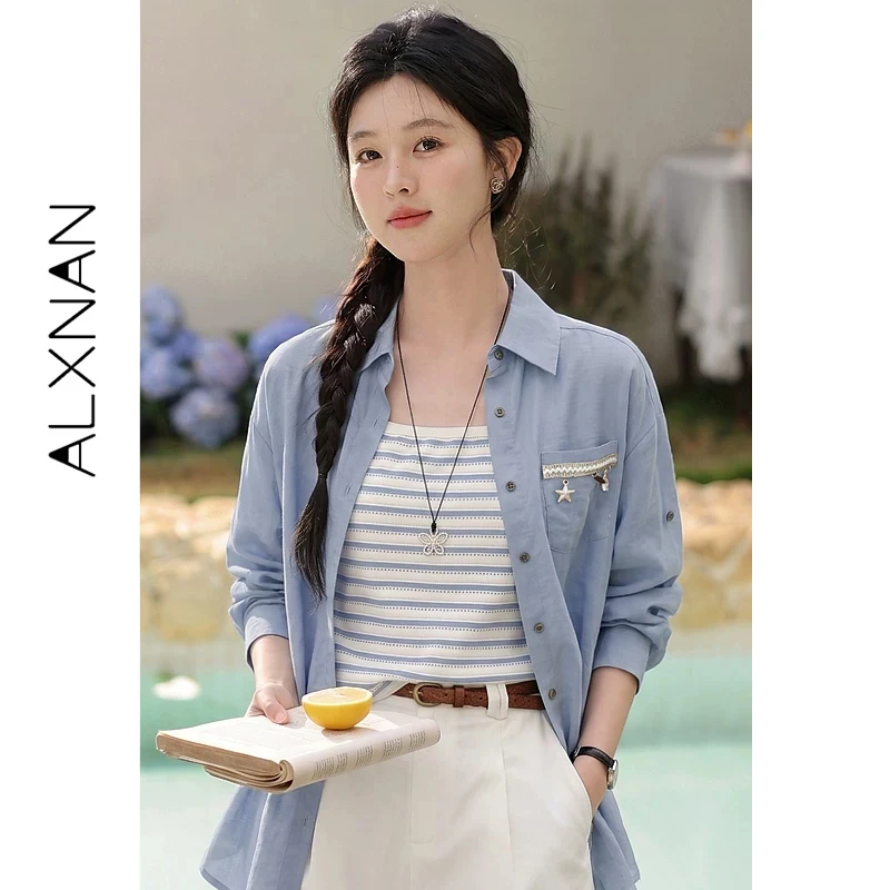 

ALXNAN Women Shirt 2026 Summer Elegant Loose-fit Long Sleeve Blouse Oversize Casual Fashion Sun Protection Tops Ladies L63529-1