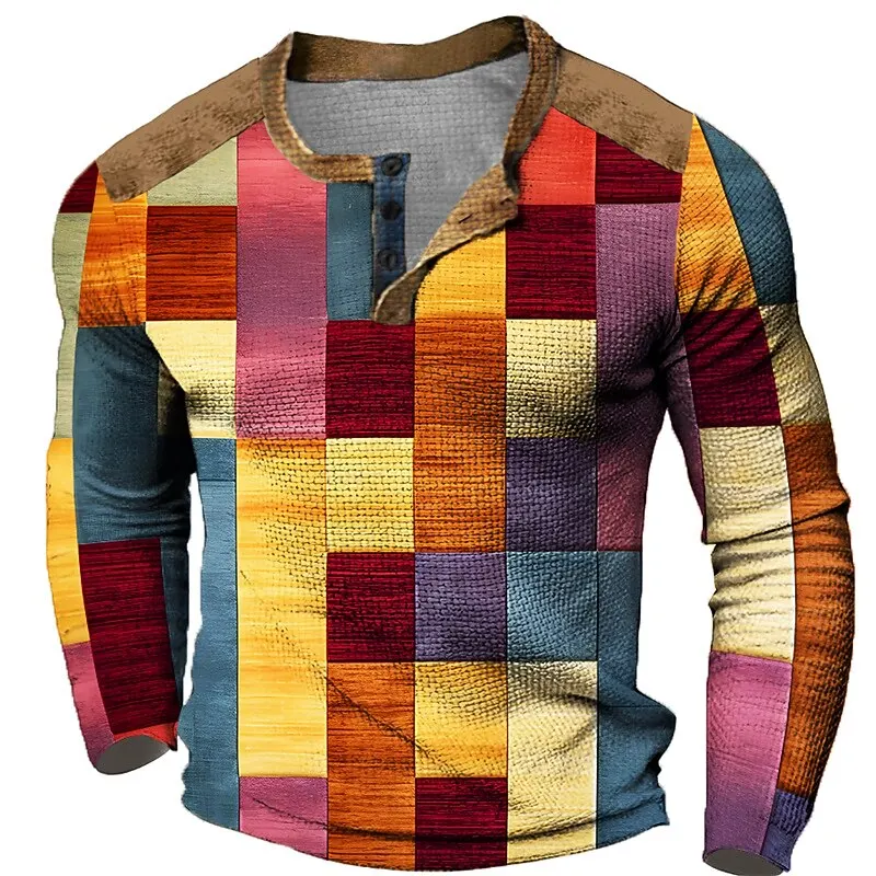 

Men's 3D Colorful Plaid Print Henley T-Shirt Fashion Creative Personality Long Sleeve Tops Oversize Henry Collar Button Clothing