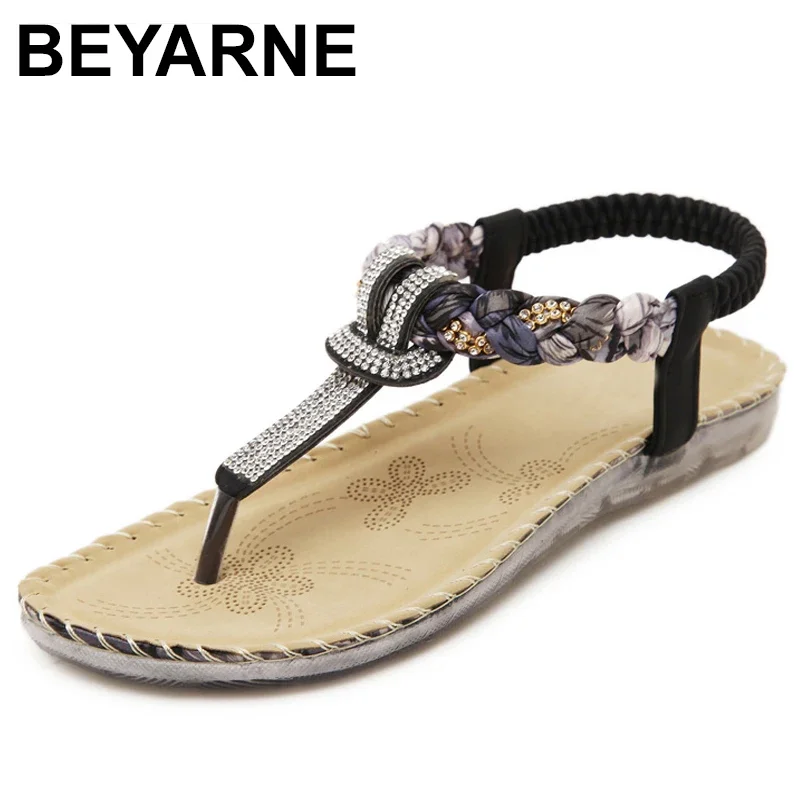 BEYARNE Large size national wind sandale femme Bohemia Crystal Female summer shoes flat shoes women sandals