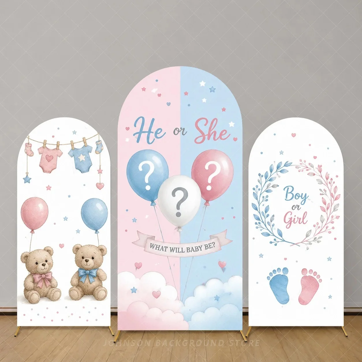 Gender Reveal Arch Cover Backdrop He or She Teddy Bears balloon Baby Shower Party background