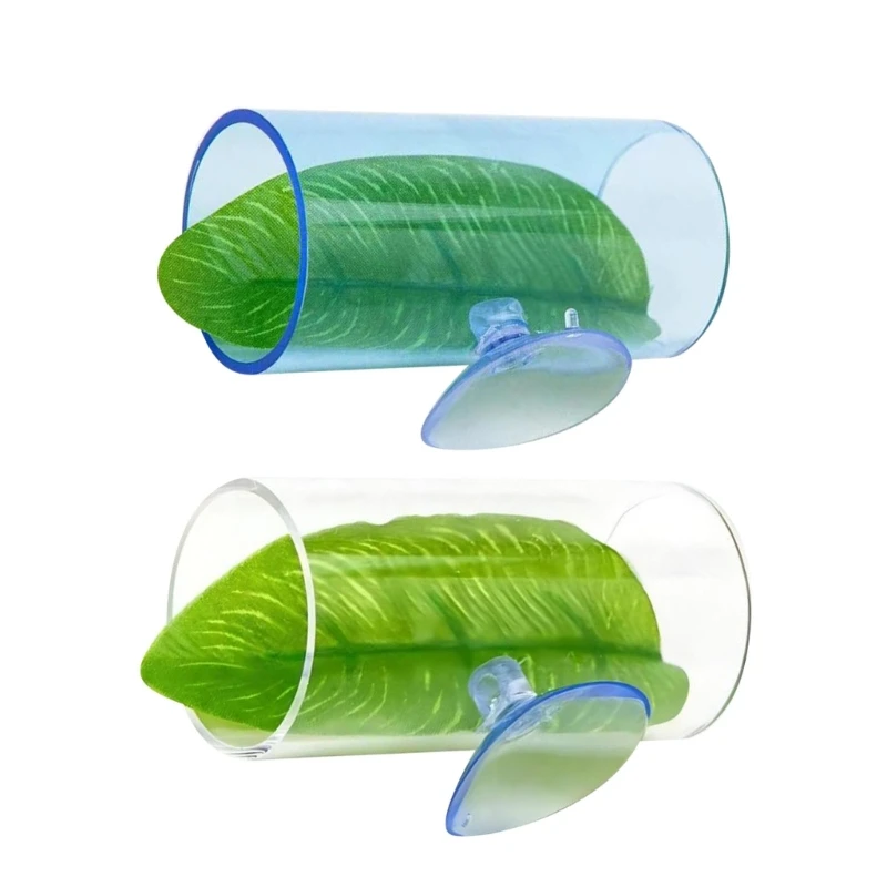 D0AD 2Pack Acrylic Betta Fish Tube Tunnel with Leaf Pad Natural Habitat Simulation Spawning Grounds Suction Cup Leaf Pad Bed