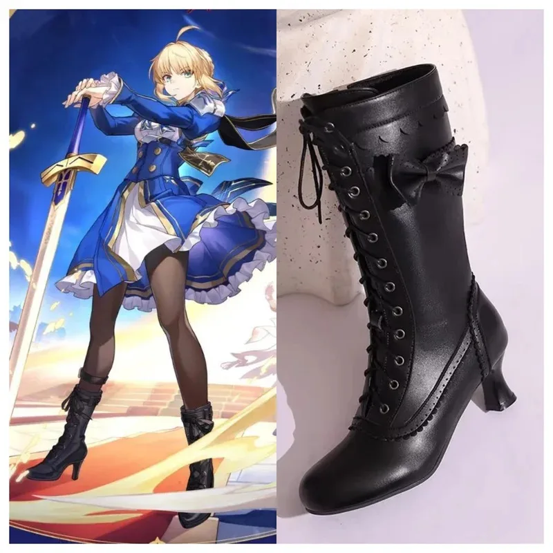 Fate x Honkai: أحذية Star Rail Sabre التأثيرية مع ربطة عنق - أحذية Artoria Pendragon طويلة مخصصة من جلد البولي يوريثان باللون الأسود مقاس 34-48