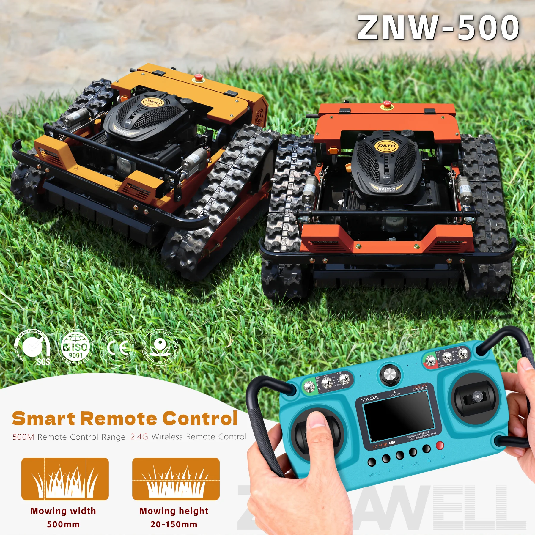 

User-friendly remote-controlled mower 500mm cutting width customizable colors mowing efficiency 1500㎡/h suitable for gardens
