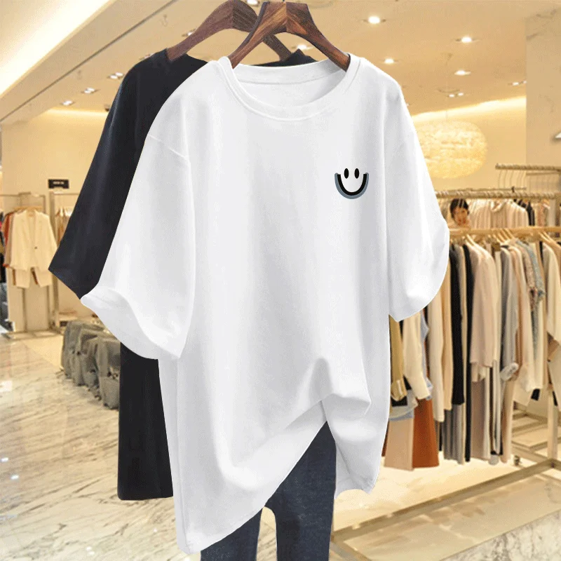 Women Clothing Pure Cotton Smiling Printing Basic T-shirt Summer Fashion Casual O-neck Short Sleeve Top Tee Oversized Pullovers