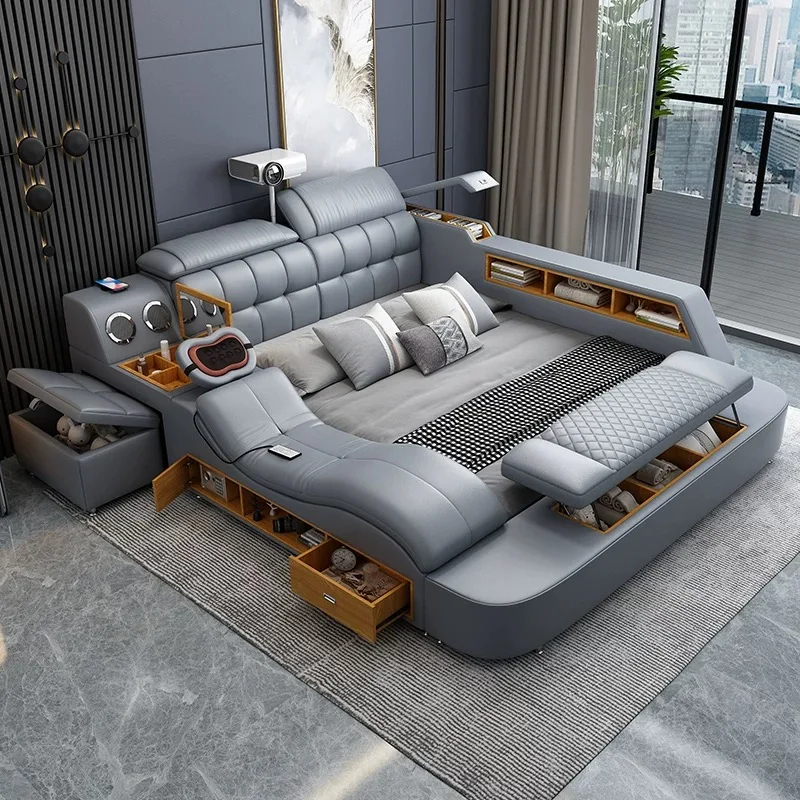 Modern Luxury  Bedroom Furniture Electric Massage Up-holstered Beds king Size Double Bed Frame Leather and Mattress Set Design