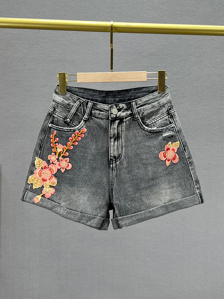 

Embroidered High Waist Loose Fit Slimming Vintage Distressed Flared Hot Shorts Women's Summer Jeans High Waist Shorts