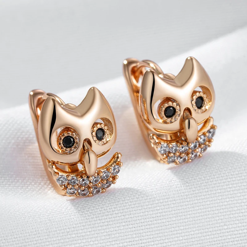 Kinel New 585 Rose Gold Color Owl Earrings For Girl Fashion Natural Zircon Accessories Child Gifts High Quality Daily Jewelry