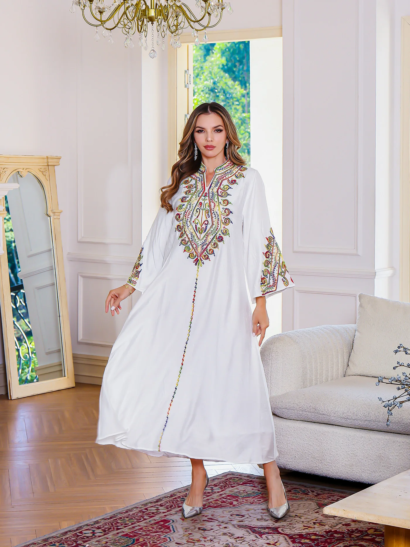 Vestido longo elegante feminino bordado detalhe solto ajuste médio oriente muçulmano robe feminino atacado