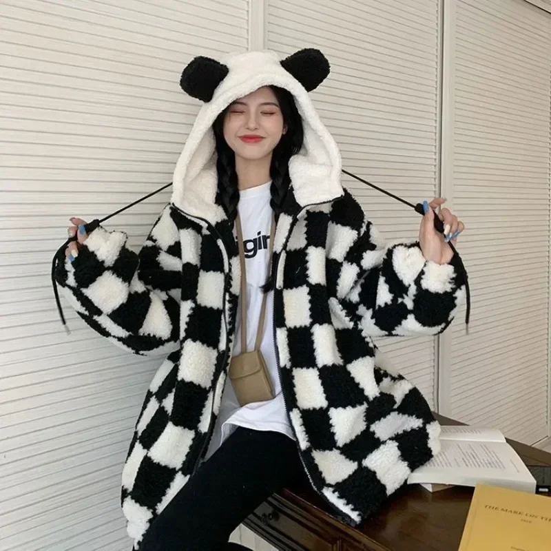 Kawaii Zip Up Loose Y2k Hoodies Women Winter Thicken Checkerboard Harajuku Bear Ears Cute Female Sweatshirt Oversized Coat Kpop