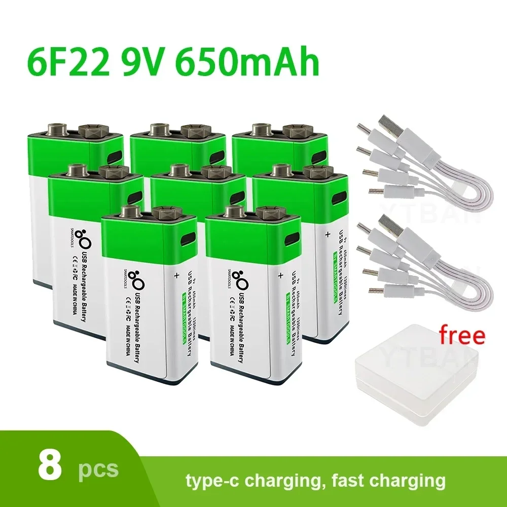 9V battery, USB fast charging, 9V, 6F22, square lithium-ion battery for metal detectors, microphones, multimeters