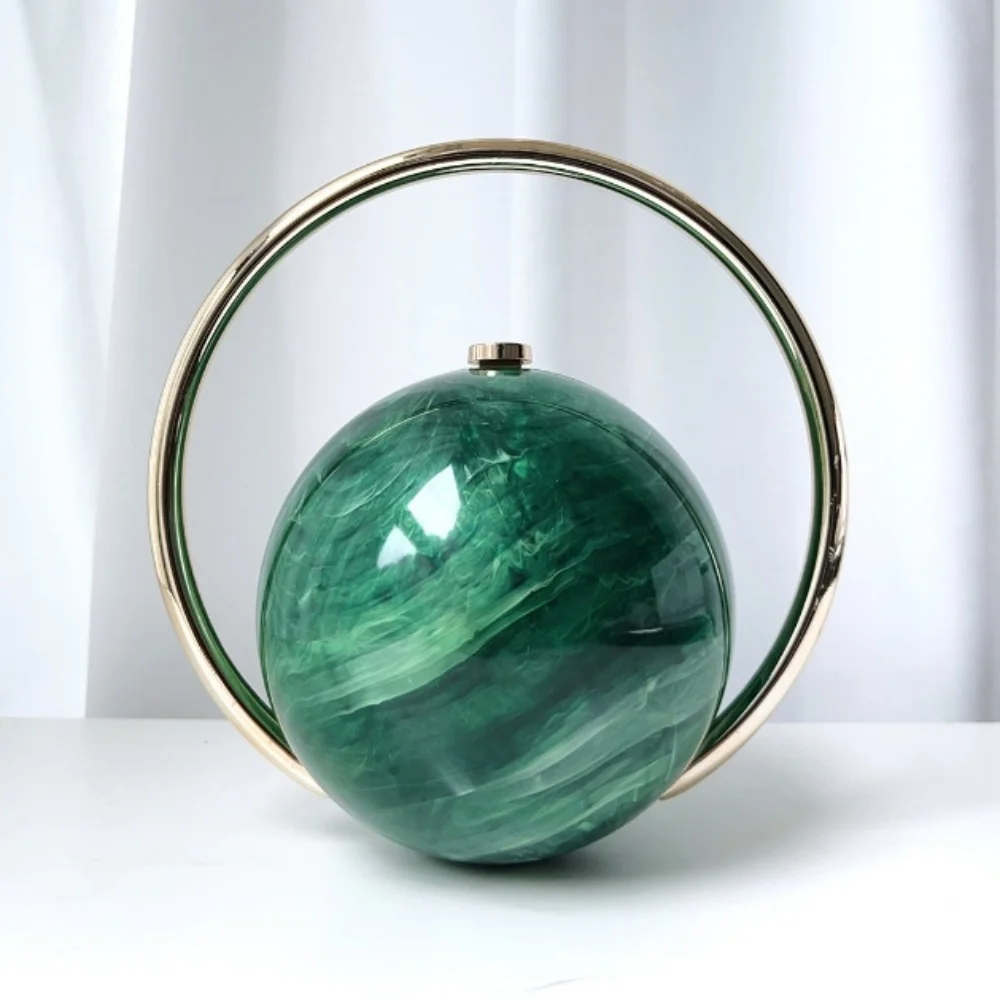 

Brand Women Trendy Electroplated Metal Handle PVC Handbags Lady Mini Purse Evening Clutch Marble Pattern Spherical Banquet Bag