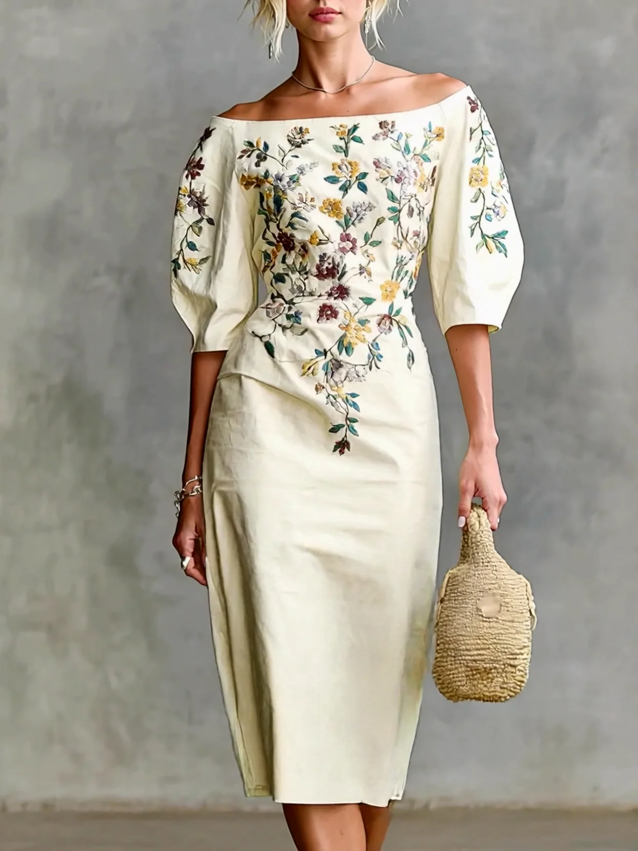 Vintage Floral Embroidery Print Off Shoulder Midi Dress Puff Sleeve Slim Fit Bodycon Split Cocktail Party Dresses For Women