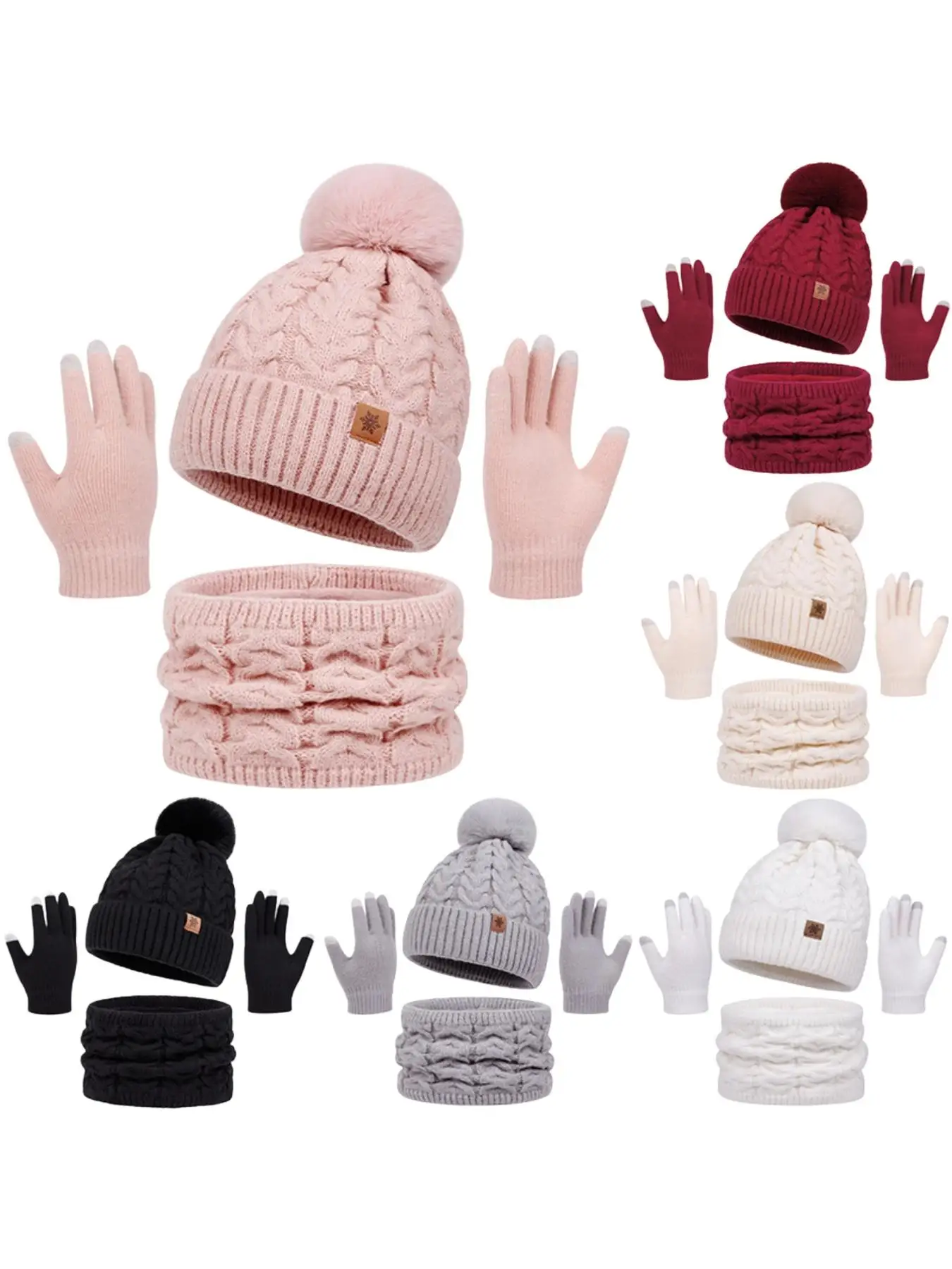 3-Piece Set of Adult Hat, Neck Warmer, and Gloves, Autumn and Winter Women's Warm Knitted Hat, Three-Piece Set Suitable for Outdoor Sports
