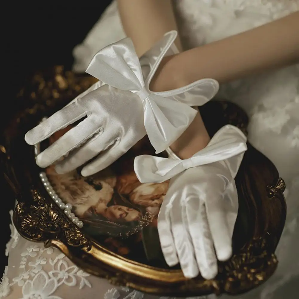 

1 Pair Elegant Bride Gloves Solid Color Fiver Fingers Prom Banquet Gloves Vintage Satin Bow Decor Women Gloves For Wedding