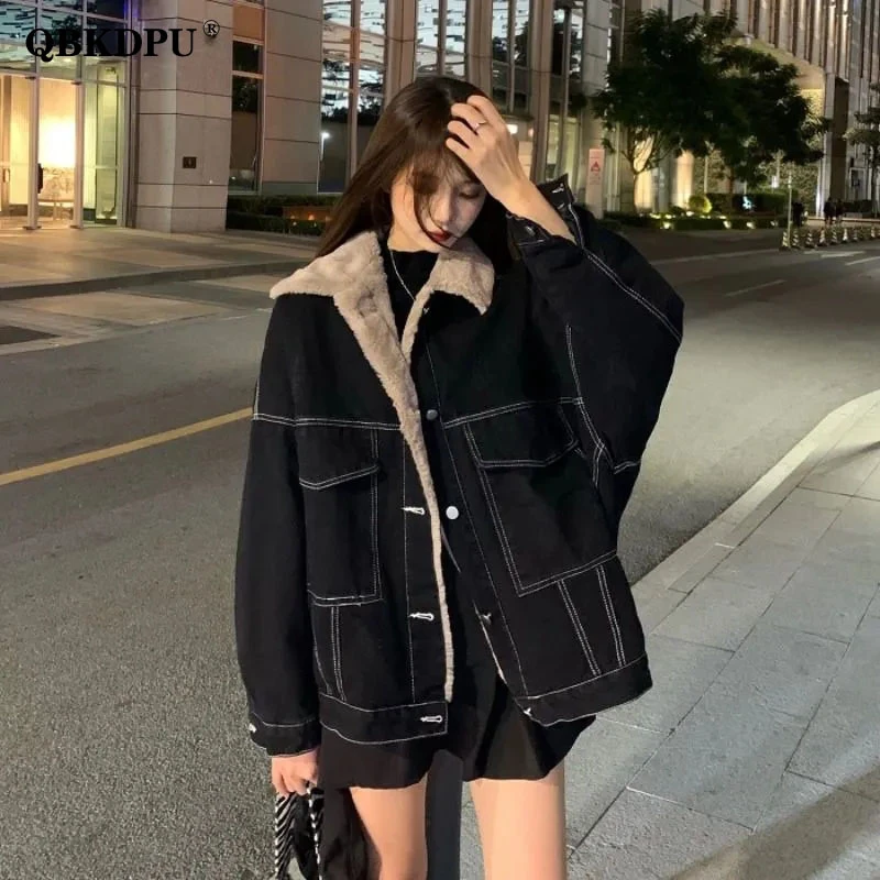 Autumn Winter Thick Streetwear Black Plus Velvet Denim Coat Women Korean Oversized Jean jacket Casual Warm Loose Chaquetas mujer