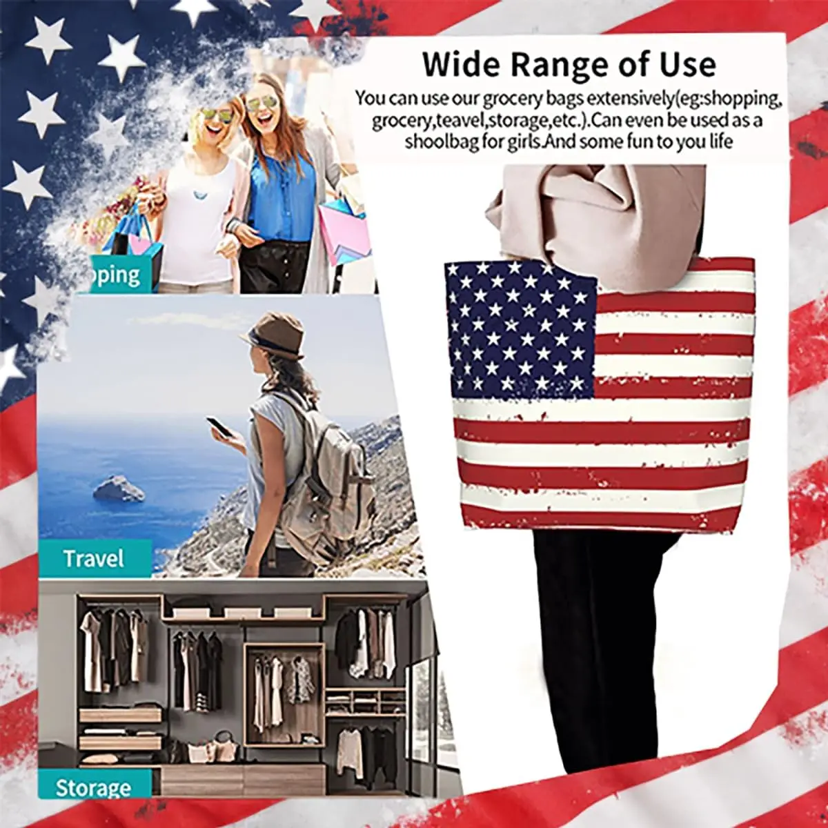Bolso de mano con bandera americana con cremallera, bolso patriótico grande para mujer, asas reutilizables, compras multiusos y resistentes