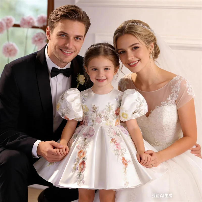 

Детское атласное платье принцессы с кружевом и бисером для девочек, платье для первого причастия, бальное платье, платье для свадебной вечеринки, платье на день рождения