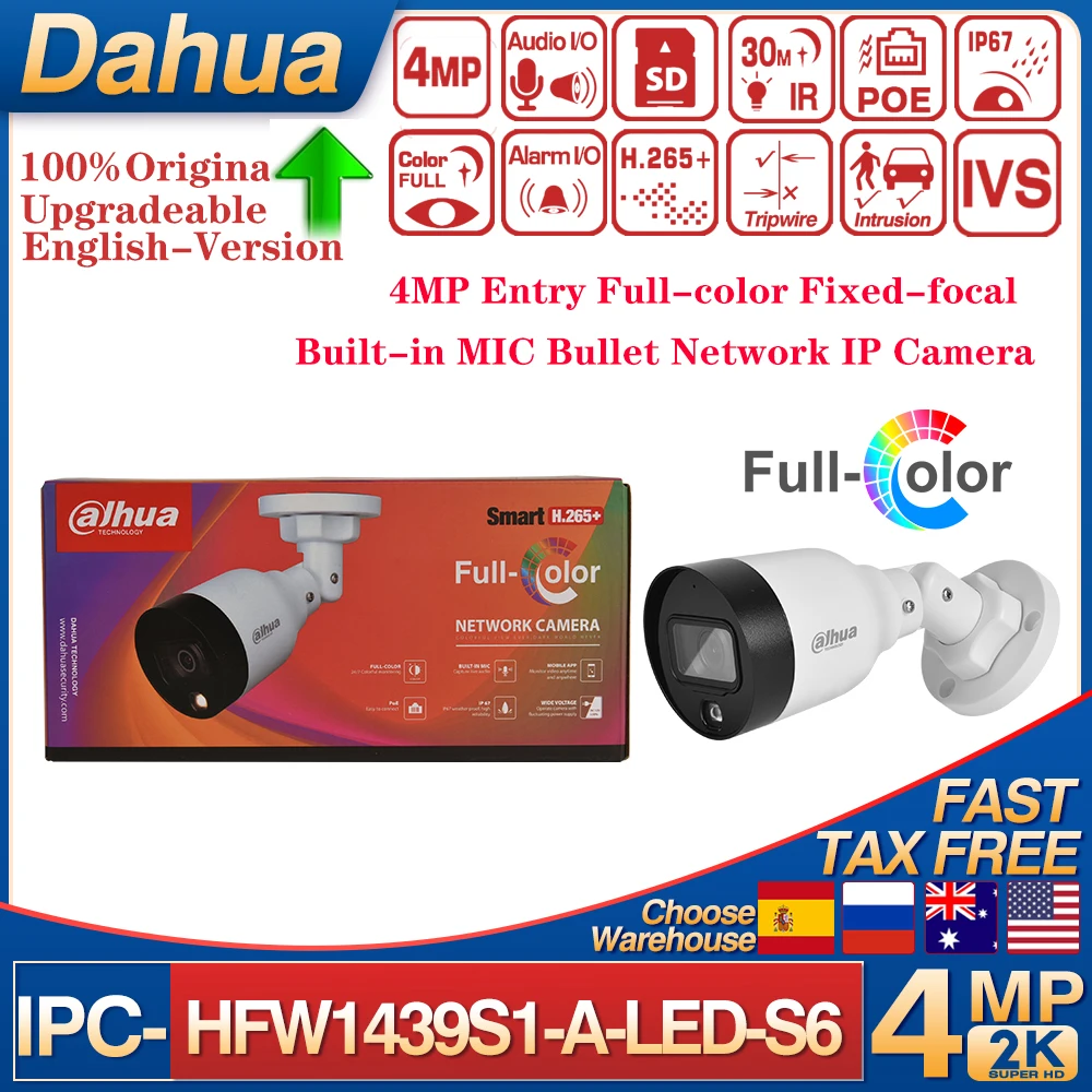 Original Dahua IPC-HFW1439S1-A-LED-S6 Built in Mic 4MP Entry Full-color Fixed-focal Bullet POE Network IP Camera Human Detection