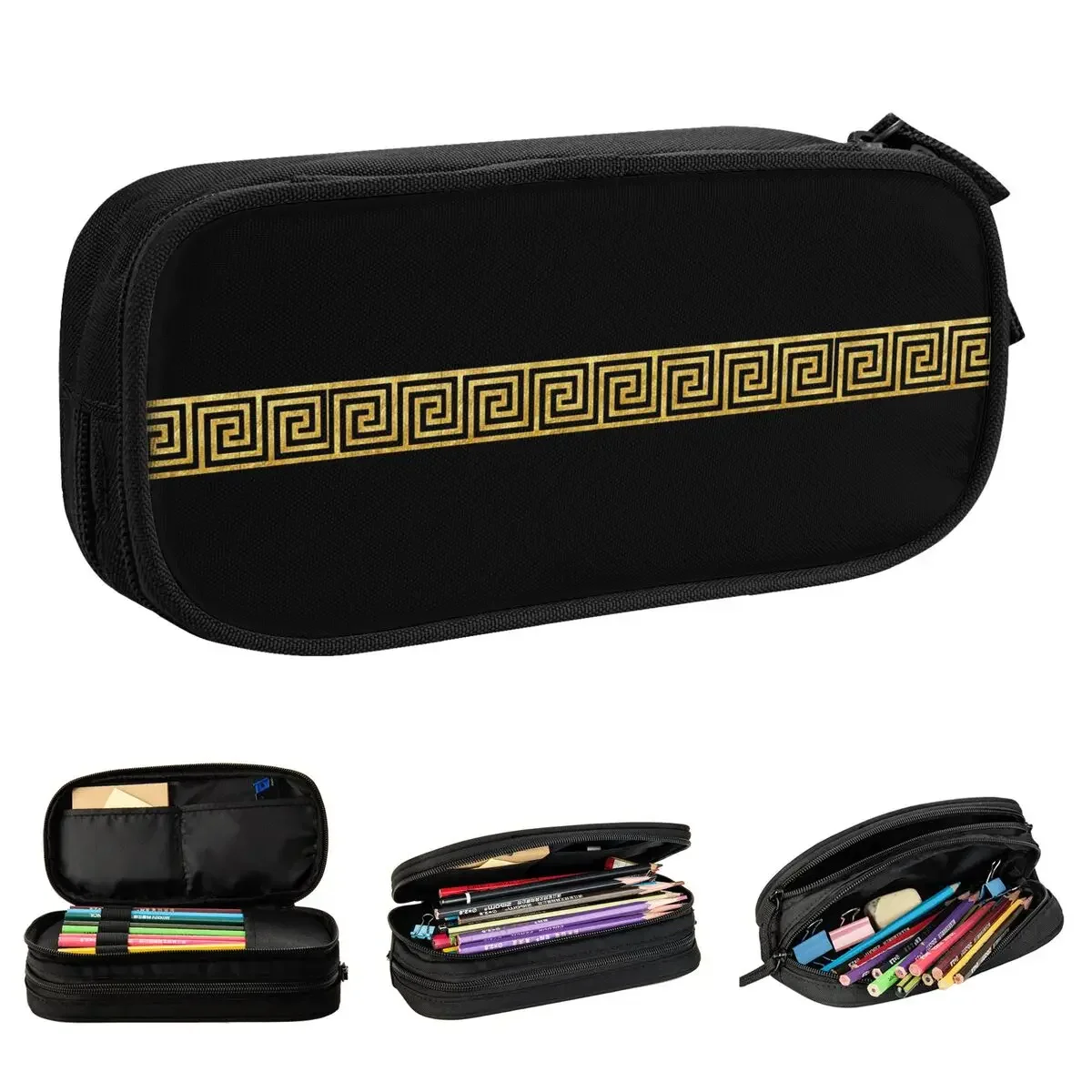 Gold Greek Key Trendy Pencil Cases Fun Pen Box Bags Girls Boys Large Storage Students School Gift Pencilcases