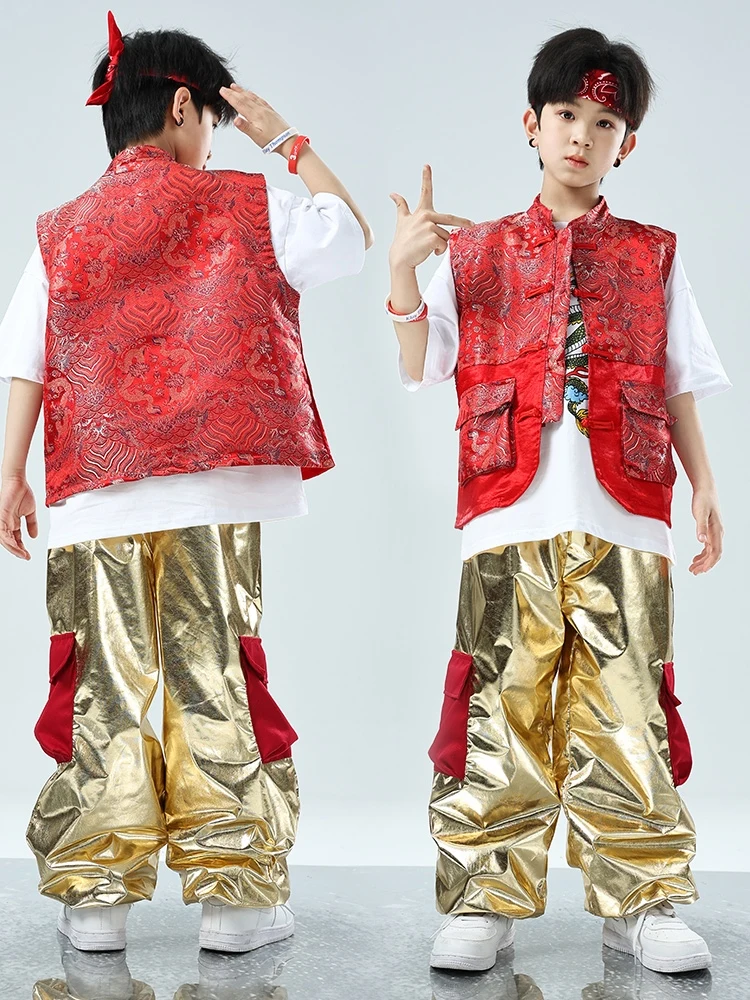 Chinese Style K Pop Performance Outfits Jazz Dance Costume Kids Walk Show Cool Boy Hip Hop Children'S Street Dance Red Set XH67