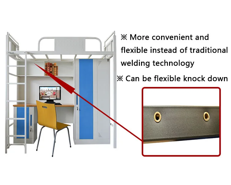 School student bedroom dormitory metal steel loft double bunk bed with study table and desk for adults