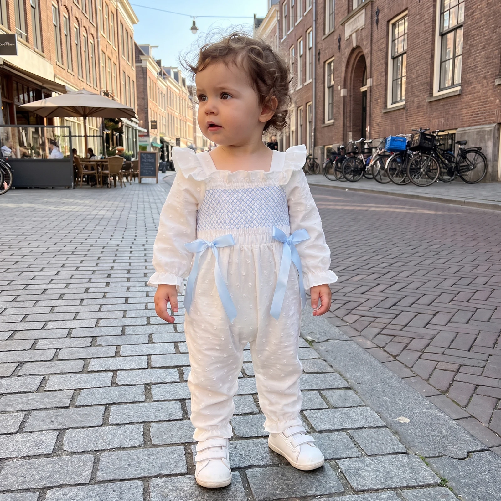 Infant Baby Girls Romper Long Bubble Sleeve Smocked Fall Jumpsuit