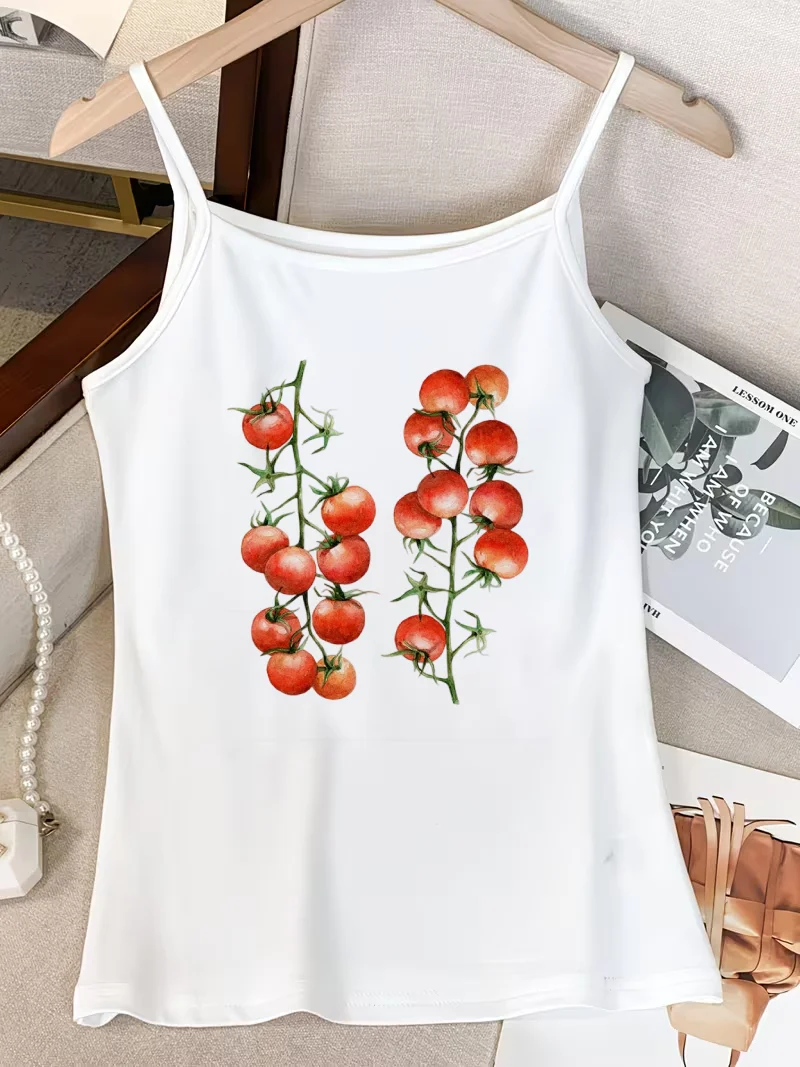 Y2K Aesthetic Women Spaghetti Strap Camisole Cute Tomato Fruit Print Slim Sleeveless Tank Top Summer Daily Casual Vest