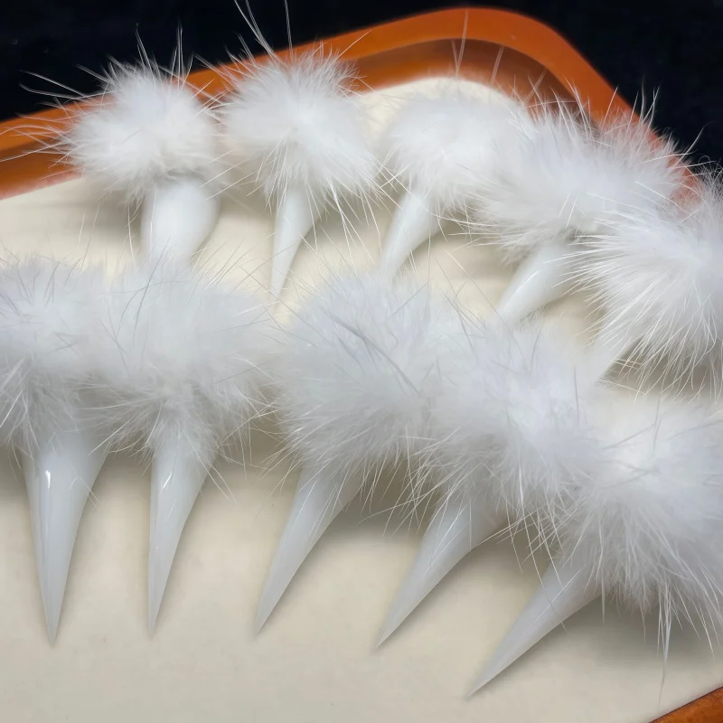 10PCS White plush spherical artificial nails, matte white ultra-long conical pointed end detachable fluffy artificial nail set