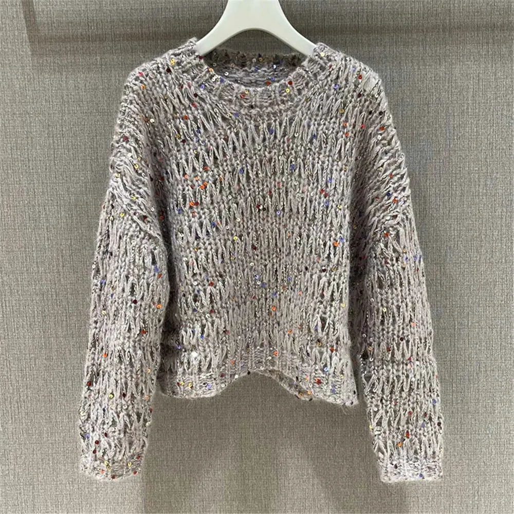 24 Autumn Women's Mohair Blended Sweater Sequin Hollow Round Neck Knitted Pullover Top